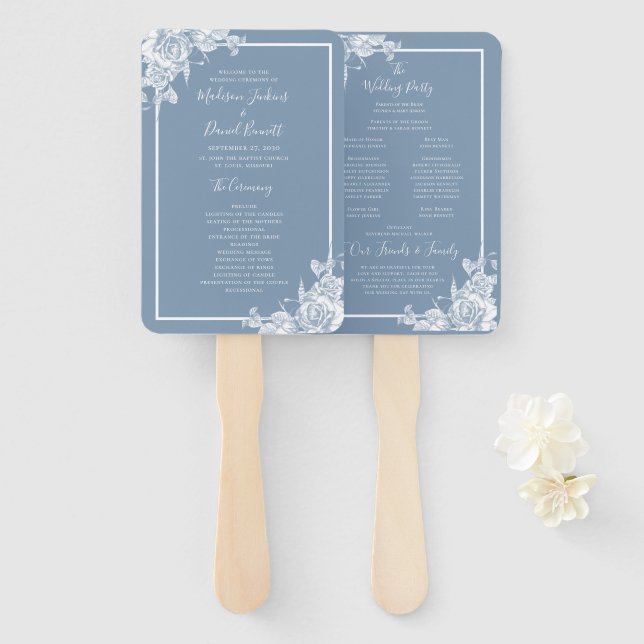 Dusty Blue Floral Wedding Program Hand Fan (Front and Back)