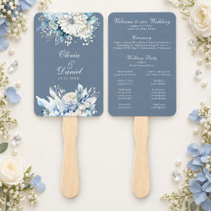 Dusty Blue Floral Wedding Program Hand Fan