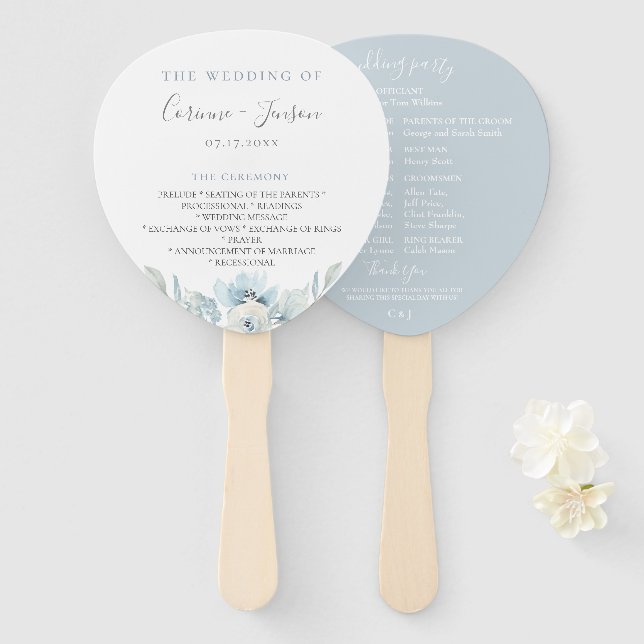 Dusty Blue Floral Wedding Program Hand Fans (Front and Back)