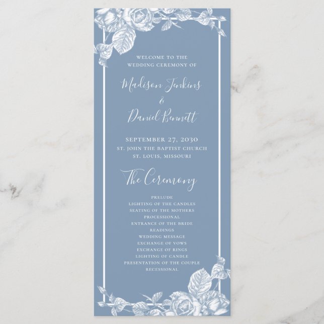 Dusty Blue Floral Wedding Program Programme (Front)