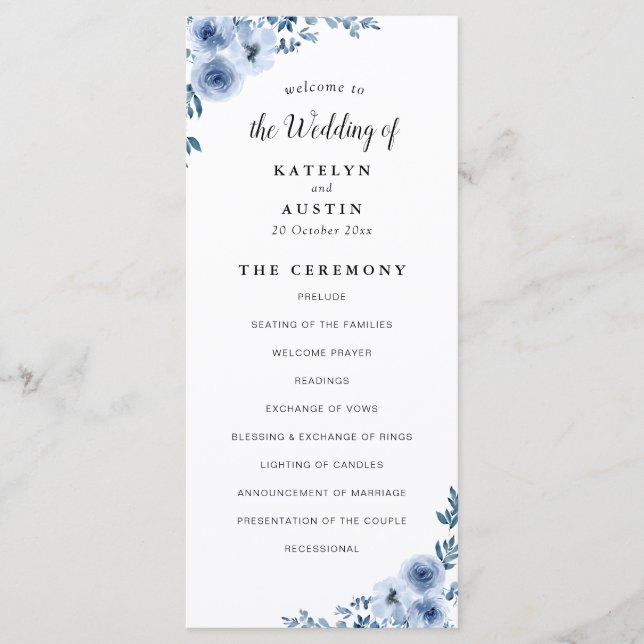 dusty blue floral wedding program programme (Front)