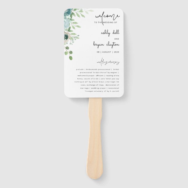  Dusty Blue Floral Wedding Program Set of Fans (Front)