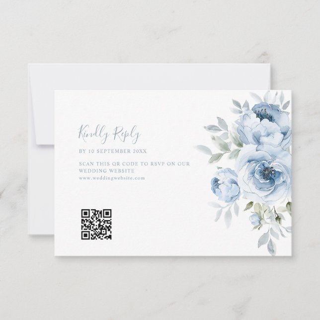 dusty blue floral wedding QR code RSVP card (Front)