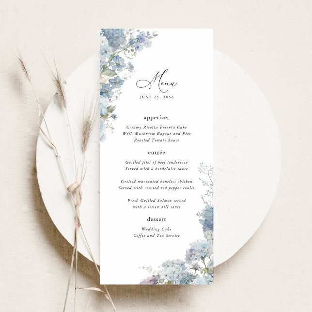 Dusty Blue Floral Wedding Reception Dinner Menu (Dusty blue watercolor wedding menu card, elegant floral reception dinner menu table stationery)