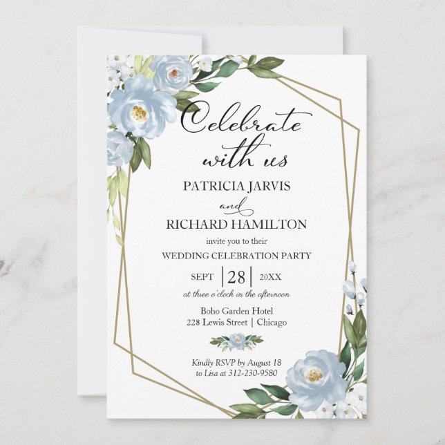 Dusty Blue Floral Wedding Reception Invitation (Front)