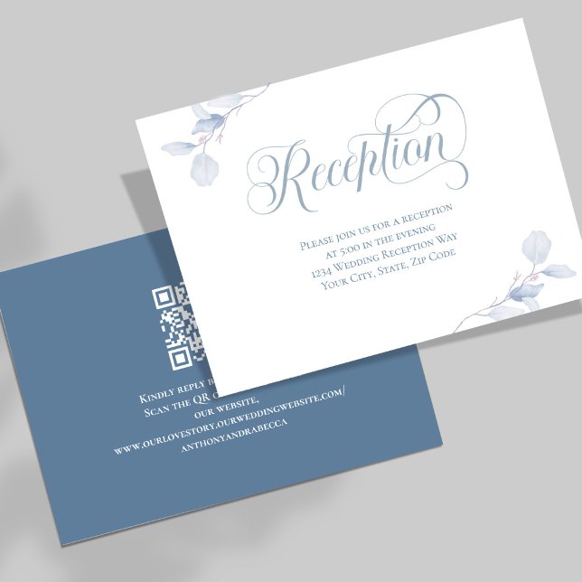 Dusty Blue Floral Wedding Reception QR Code Enclosure Card (Elegant dusty blue floral reception card with QR code RSVP and romantic calligraphy script.)