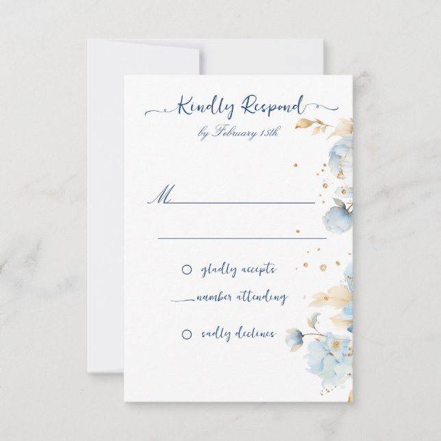 Dusty Blue Floral Wedding RSVP  Card (Front)
