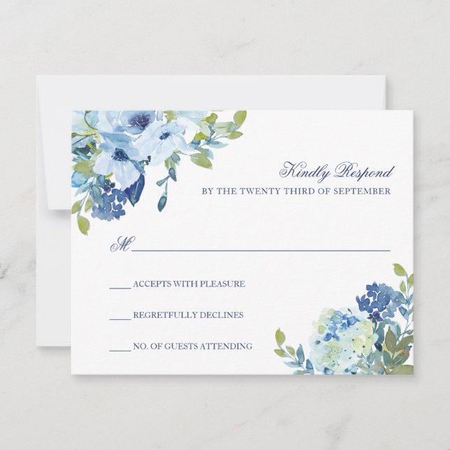Dusty Blue Floral Wedding RSVP Card with QR Code (Front)