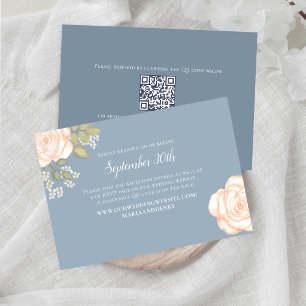 Dusty Blue Floral Wedding RSVP QR Code Card