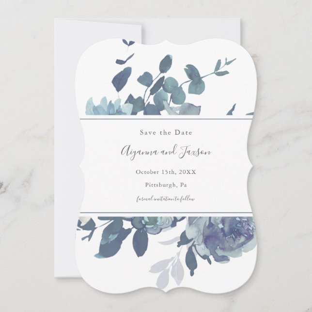 Dusty Blue Floral Wedding Save The Date (Front)