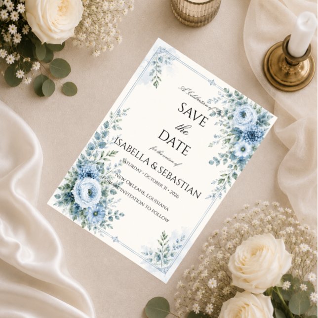 Dusty Blue Floral Wedding Save The Date (Creator Uploaded)