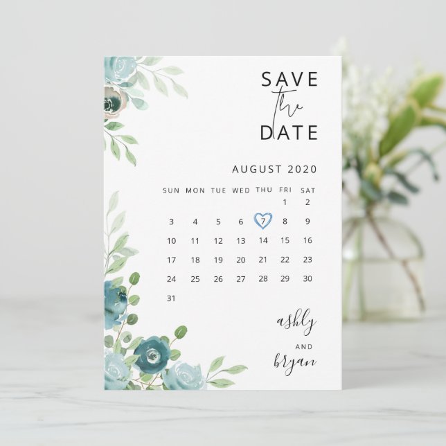 Dusty Blue Floral Wedding Save The Date Card (Standing Front)