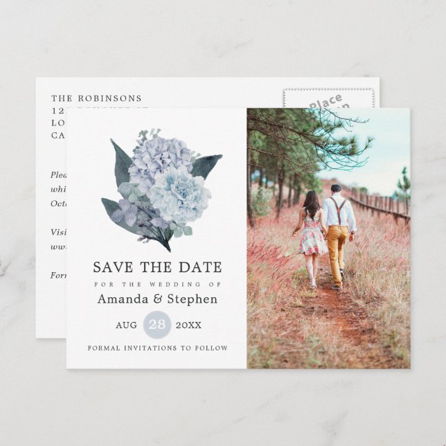 Dusty Blue Floral Wedding Save the Date Postcard (Front/Back)