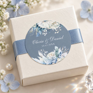 Dusty Blue Floral Wedding Sticker Names Date