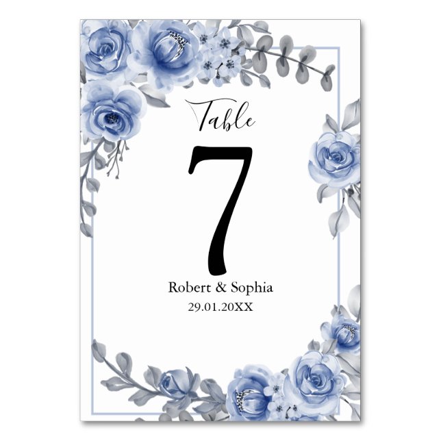 Dusty Blue Floral Wedding Table Number (Front)