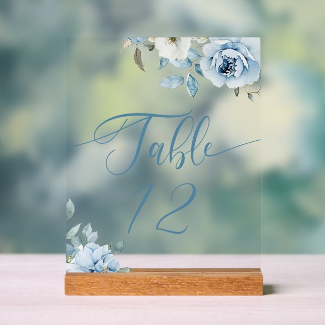 Dusty blue floral wedding table number acrylic sign (Neutral)