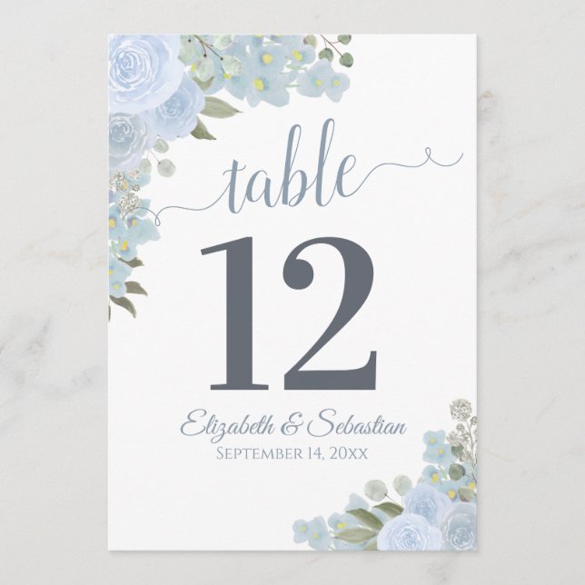 Dusty Blue Floral Wedding Table Number Card Large (Front)