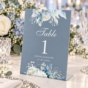 Dusty Blue Floral Wedding Table Number Pedestal Sign