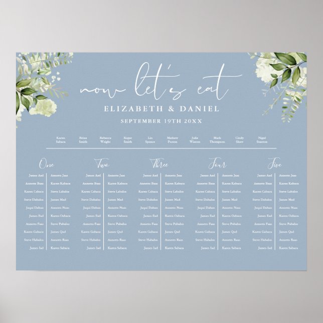 Dusty Blue Floral Wedding Table Plan Seating Chart (Front)