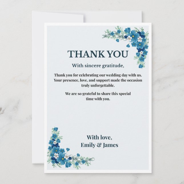 Dusty Blue Floral Wedding Thank You Card (Front)