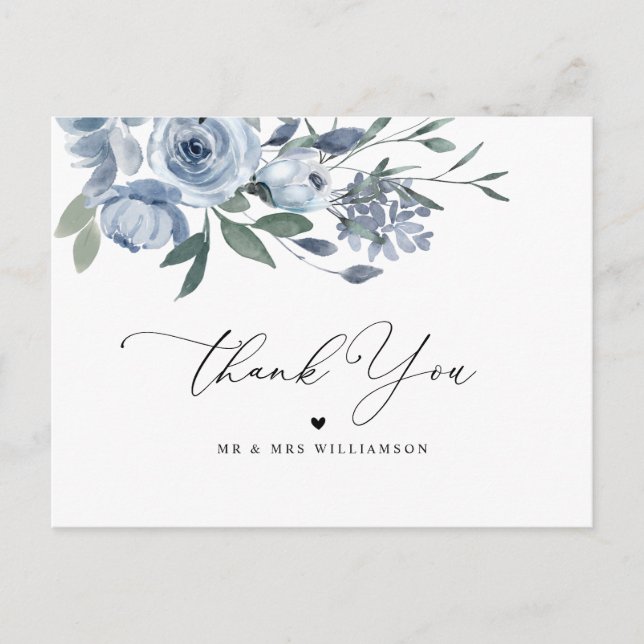 dusty blue floral wedding thank you card (Front)