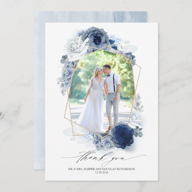 Dusty Blue Floral Wedding Thank You Photo (Front/Back)