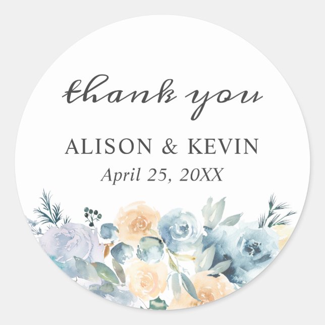 Dusty Blue Floral Wedding Thank You Sticker (Front)