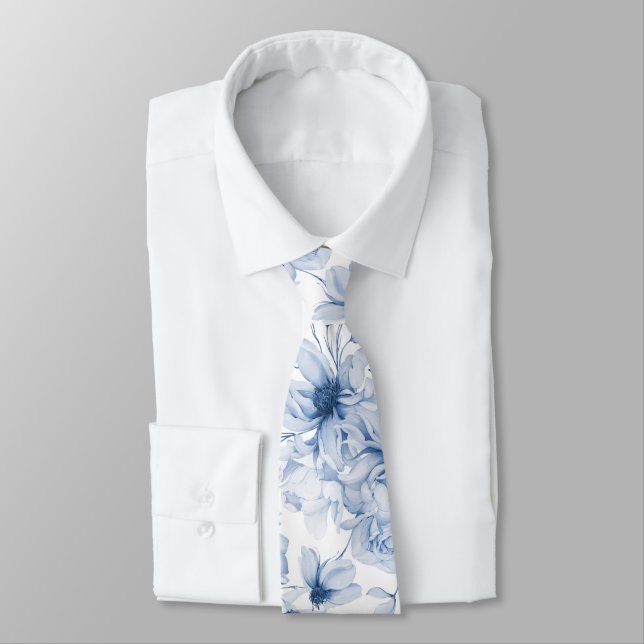 Dusty Blue Floral Wedding Tie (Tied)