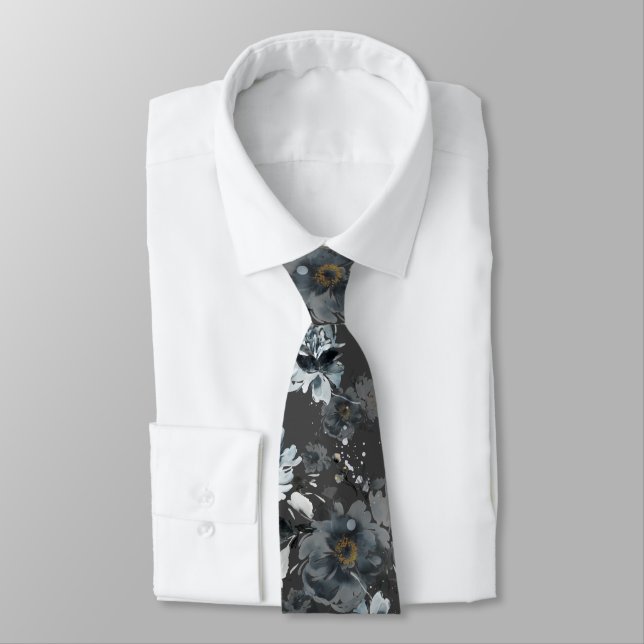 Dusty Blue Floral Wedding Tie (Tied)