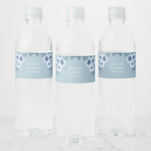 dusty blue floral wedding water bottle label