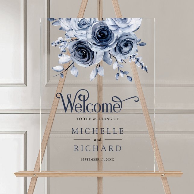 Dusty Blue Floral Wedding Welcome Acrylic Sign (Creator Uploaded)
