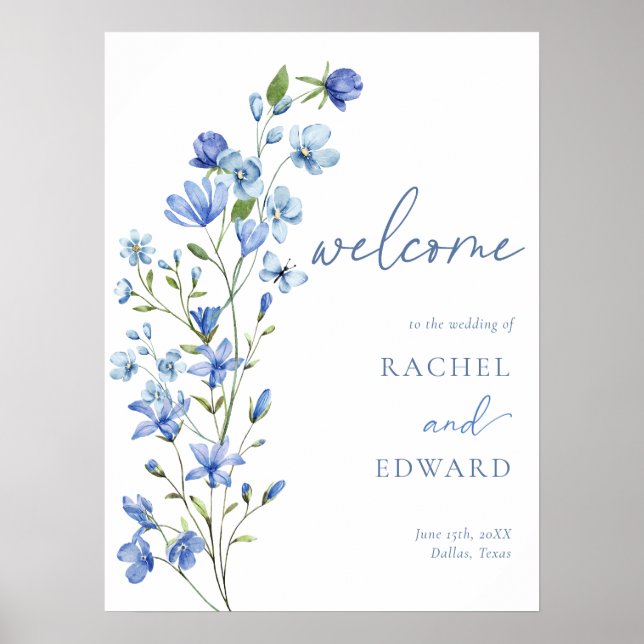 Dusty Blue Floral Wedding Welcome Poster (Front)