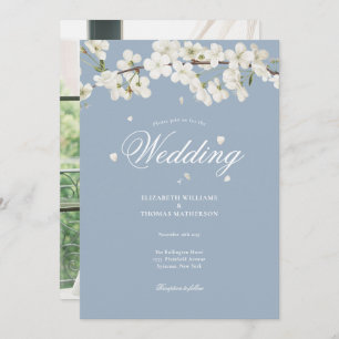 Dusty Blue Floral Wedding White Blossom Photo Invitation
