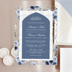 Dusty Blue Floral White Lace Arch Muslim Wedding Acrylic Invitations
