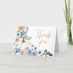 Dusty Blue Floral White Pumpkin Baby Shower Thank You Card