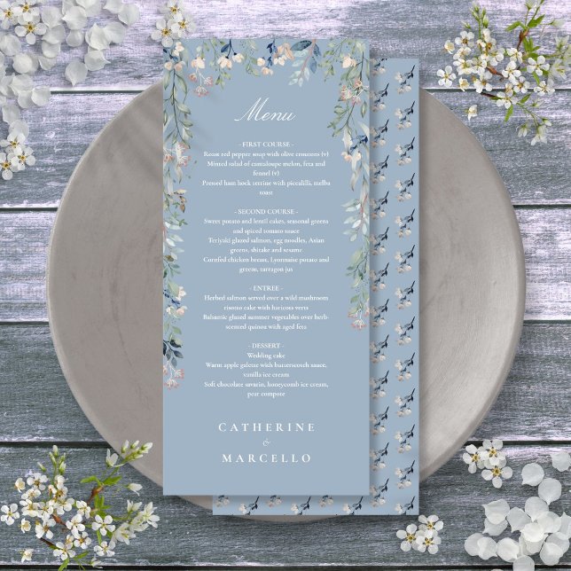 Dusty Blue Floral Wildflowers Wedding Dinner Menu (Dusty Blue Floral Wildflowers Wedding Dinner Menu)