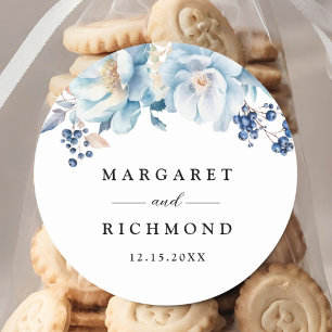 Dusty Blue Floral Winter Wedding Classic Round Sticker