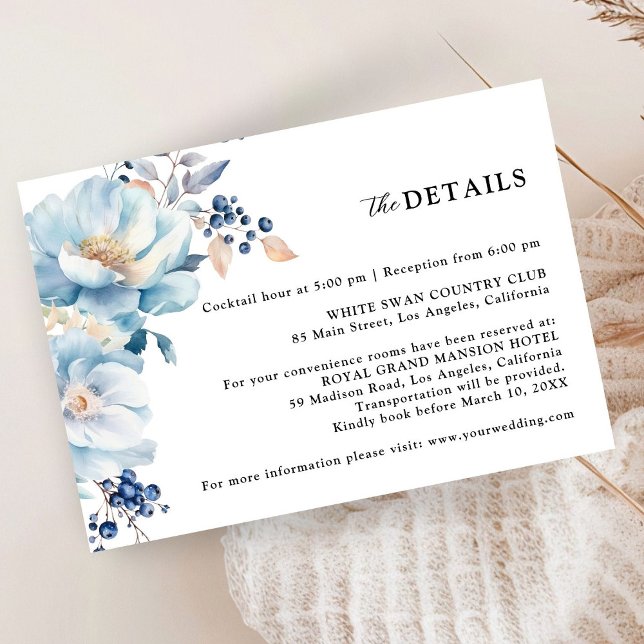 Dusty Blue Floral Winter Wedding Detail Enclosure Card (Creator Uploaded)