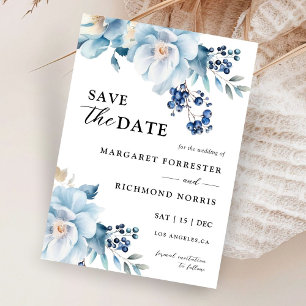 Dusty Blue Floral Winter Wedding Save The Date Invitation