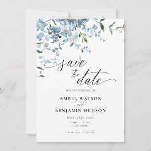 Dusty Blue Floral Wisteria Wedding Save The Date Invitation