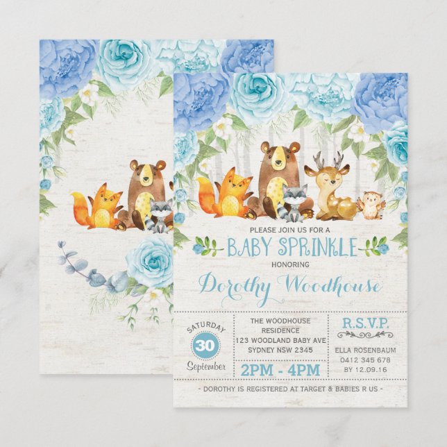 Dusty Blue Floral Woodland Animals Boy Baby Shower Invitation (Front/Back)
