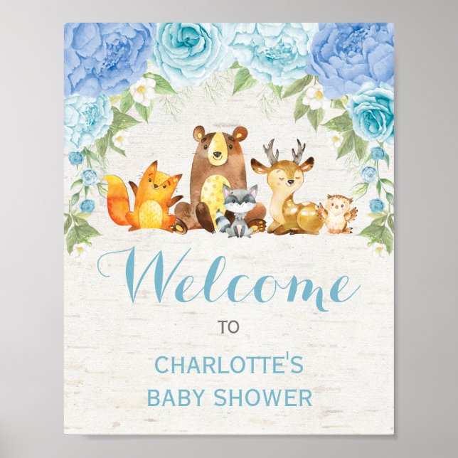Dusty Blue Floral Woodland Forest Animals Baby Boy Poster (Front)