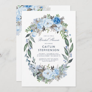 Dusty Blue Floral Wreath Elegant Bridal Shower Invitation
