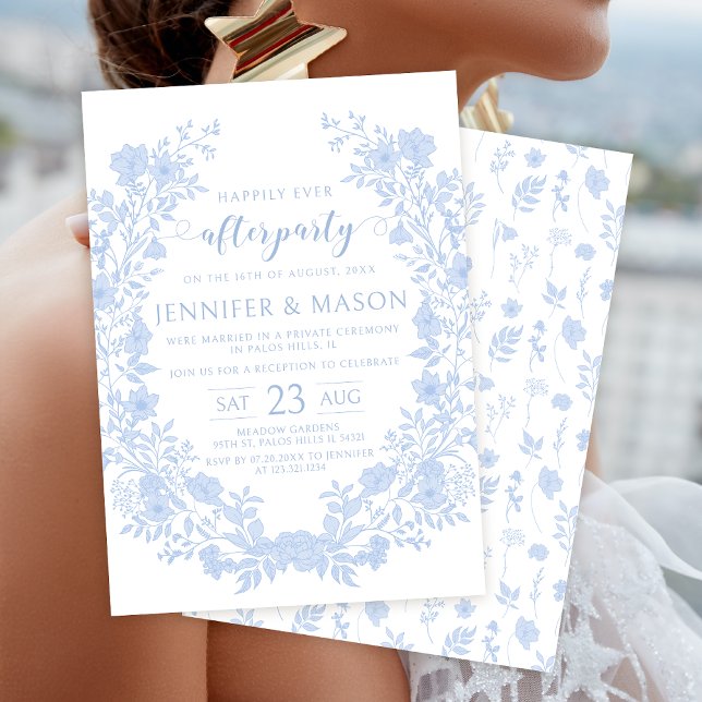 Dusty blue floral wreath ever after party wedding invitation (Creator Uploaded)