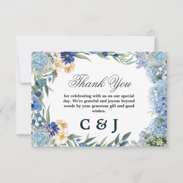 Dusty Blue Floral Wreath Greenery Wedding Thank You Card (Front)