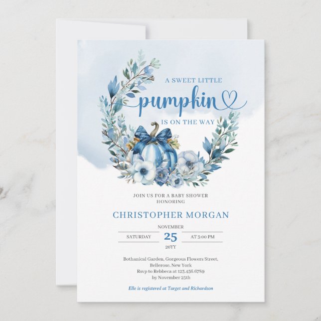Dusty blue floral wreath little pumpkin boy baby invitation (Front)