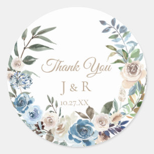Dusty Blue Floral Wreath Personalised Wedding Classic Round Sticker