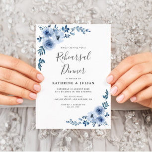 dusty blue floral wreath rehearsal dinner invitation