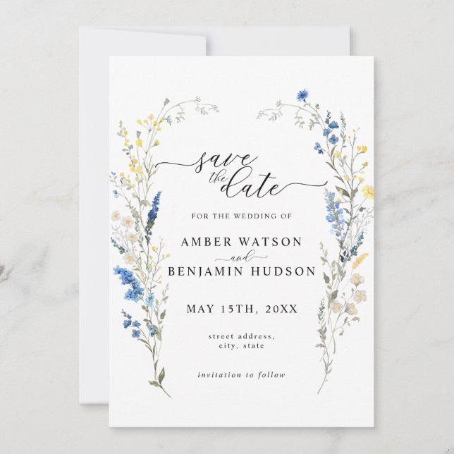 Dusty Blue Floral Wreath Wedding Save The Date Invitation (Front)
