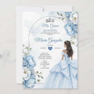 Dusty Blue Floral XV Birthday Invite with Crown